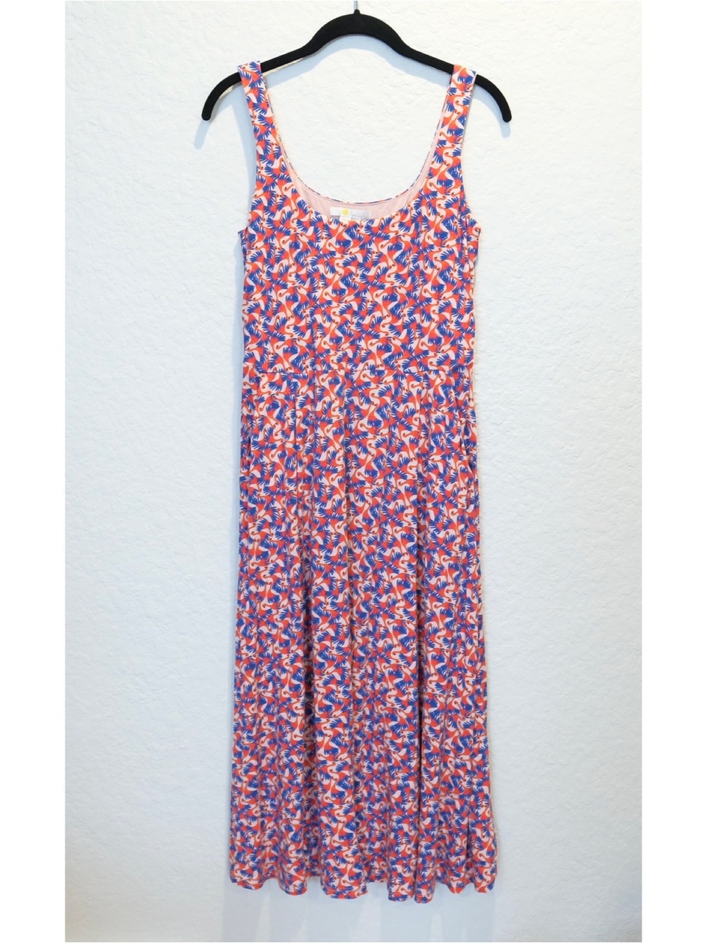 Boden Tropical Bird Print Midi Sundress Size 8R Pink Multi Tank Pockets Viscose